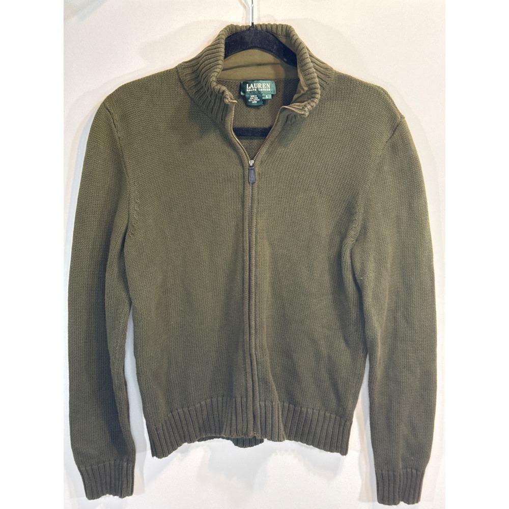 Vintage Lauren Ralph Lauren Olive Green Cotton Full Zip Mock Neck Sweater Mens L